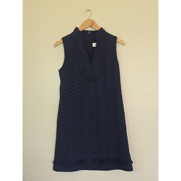Eliza J Womens Sleeveless Eyelet Shift Dress Navy Blue Size 6 Mandarin Collar - Picture 1 of 9